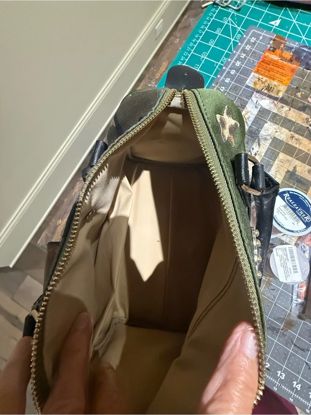 Handy Embroidered Fringe Canvas Satchel — Olive Green with Brown Accents